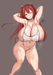 Rule 34 | :q, armpits, arms behind head, arms up, breasts, choker, cleavage, collarbone, fukuda reika, highres, huge breasts, one eye closed, original, red hair, signature, simple background, steaming body, sweat, swimsuit, thick thighs, thighs, tongue, tongue out, twintails, yua (argaoffroad)