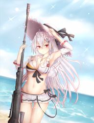 Rule 34 | anti-materiel rifle, arm up, armpits, beach, bolt action, breasts, bullpup, collarbone, day, girls&#039; frontline, gun, hat, highres, iws 2000 (girls&#039; frontline), large breasts, long hair, looking at viewer, navel, needlegun, ocean, outdoors, prototype design, red eyes, rifle, silver hair, sky, sniper rifle, solo, steyr arms, steyr iws 2000, steyr mannlicher, straw hat, swimsuit, weapon