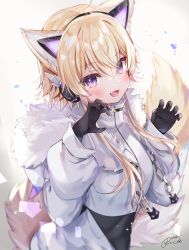 Rule 34 | 1girl, :d, absurdres, animal ears, black gloves, black skirt, blush, breasts, chain, character request, claw pose, commentary request, fang, fur-trimmed hood, fur trim, gloves, hair between eyes, hands up, headphones, highres, hood, hood down, hooded jacket, indie virtual youtuber, jacket, long sleeves, looking at viewer, open clothes, open jacket, open mouth, puffy long sleeves, puffy sleeves, purple eyes, rucaco, shirt, skirt, sleeves past fingers, sleeves past wrists, small breasts, smile, solo, tail, virtual youtuber, white jacket, white shirt, wolf ears, wolf girl, wolf tail