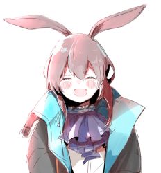 Rule 34 | 1girl, amiya (arknights), animal ears, arknights, black jacket, blush, brown hair, closed eyes, commentary request, hair between eyes, highres, jacket, long hair, open clothes, open jacket, open mouth, rabbit ears, sena yuuta, simple background, solo, white background