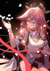 Rule 34 | 1girl, absurdres, animal ears, bare shoulders, breasts, chenghuzongsi, commentary request, fox ears, genshin impact, hair between eyes, hand up, highres, large breasts, long hair, nontraditional miko, pink hair, purple eyes, shirt, sitting, sleeveless, sleeveless shirt, solo, very long hair, white shirt, yae miko