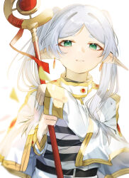 Rule 34 | 1girl, blurry, blush, capelet, closed mouth, commentary request, depth of field, drop earrings, earrings, elf, frieren, green eyes, grey hair, hands up, highres, holding, holding staff, jewelry, long hair, looking at viewer, mage staff, niho12261, parted bangs, pointy ears, shirt, short eyebrows, sidelighting, simple background, sleeves past wrists, solo, sousou no frieren, staff, striped clothes, striped shirt, thick eyebrows, twintails, upper body, white background, white capelet, wide sleeves, wizard