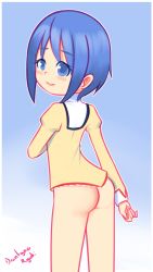Rule 34 | 1girl, ass, blue background, blue eyes, blue hair, blush, bottomless, drantyno, from behind, gradient background, long sleeves, looking at viewer, looking back, mahou shoujo madoka magica, miki sayaka, puffy sleeves, school uniform, shirt, short hair, smile, standing, tan shirt, two-tone background, white background