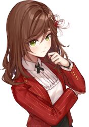 Rule 34 | 1girl, artist name, black skirt, brown hair, closed mouth, collared shirt, green eyes, hair ornament, highres, hollyyn, jacket, long hair, long sleeves, looking at viewer, red jacket, rosa (tears of themis), shirt, simple background, skirt, solo, tears of themis, upper body, white background, white shirt