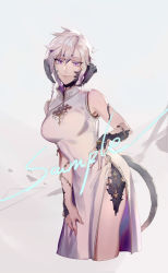 Rule 34 | 1girl, absurdres, ajirui, au ra, closed mouth, commentary request, cowboy shot, dragon horns, dress, english text, final fantasy, final fantasy xiv, grey background, highres, horns, looking at viewer, multicolored hair, purple eyes, purple hair, sample watermark, scales, short hair, side slit, sleeveless, sleeveless dress, smile, solo, streaked hair, tail, warrior of light (ff14), watermark, white dress, white hair