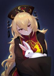 Rule 34 | 1girl, :&lt;, black dress, black headwear, blonde hair, blue background, blush, breasts, closed mouth, commentary request, dress, expressionless, eyebrows hidden by hair, gold trim, gradient background, hair between eyes, head tilt, headdress, highres, holding animal, holding rabbit, junko (touhou), large breasts, long hair, looking at viewer, majime joe, rabbit, red eyes, simple background, sleeves past fingers, sleeves past wrists, solo, tabard, tassel, touhou, upper body, very long hair, wide sleeves