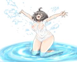 Rule 34 | 1girl, :d, ahoge, arms up, bare legs, barefoot, bikini, bikini top only, breasts, brown hair, closed eyes, full body, highres, huge breasts, insomnia-chan, kay yu, kneeling, medium hair, open mouth, original, outstretched arms, partially submerged, pink bikini, ripples, see-through, see-through shirt, shirt, simple background, smile, solo, splashing, spread arms, swimsuit, thick thighs, thighs, water, wet, wet clothes, wet shirt, white background, white shirt, wide hips