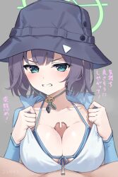 Rule 34 | 1boy, 1girl, absurdres, annoyed, bar censor, bikini, black headwear, blue archive, blue bikini, blush, breasts, bucket hat, censored, clenched, collarbone, frown, green eyes, green halo, grey background, hair between eyes, halo, handsfree paizuri, hat, highres, large breasts, long sleeves, looking at viewer, medium hair, paizuri, paizuri under clothes, penis, pizza (pizzania company), purple hair, raglan sleeves, saki (blue archive), saki (swimsuit) (blue archive), simple background, swimsuit