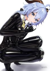 Rule 34 | 1girl, ahoge, bell, black bodysuit, blue hair, blush, bodysuit, breasts, covered navel, cowbell, curled horns, feet, full body, ganyu (genshin impact), genshin impact, goat horns, highres, horns, large breasts, latex, latex bodysuit, long hair, looking at viewer, low ponytail, medium breasts, shiny clothes, sidelocks, skin tight, smile, solo, squatting, tiasti, tiptoes