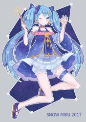 Rule 34 | 1girl, 2017, aries (constellation), bad id, bad pixiv id, blue dress, blue eyes, blue footwear, blue hair, blue ribbon, bridal garter, cancer (constellation), character name, detached sleeves, dress, earrings, full body, hair ribbon, hatsune miku, jewelry, legband, leo (constellation), libra (constellation), long hair, matching hair/eyes, one eye closed, ribbon, shoes, snowflakes, solo, star (sky), twintails, ueufo, very long hair, vocaloid, wand, wide sleeves, yuki miku