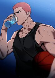 Rule 34 | 1boy, ball, basketball (object), black tank top, cup, drinking, highres, holding, holding ball, holding cup, large pectorals, male focus, mew shepherd, muscular, muscular male, outdoors, pectorals, red hair, sakuragi hanamichi, short hair, slam dunk (series), solo, tank top, water