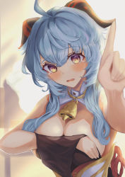 Rule 34 | 1girl, ahoge, bell, blue hair, blush, breasts, cleavage, covering privates, covering breasts, ganyu (genshin impact), genshin impact, highres, horns, large breasts, long hair, looking at viewer, neck bell, nesar777, pointing, pointing at viewer, purple eyes, sidelocks, solo, tearing up, undressing, upper body, wavy mouth