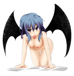 Rule 34 | 1girl, all fours, bat wings, bent over, blue hair, blush, breasts, condom, condom in mouth, female focus, looking at viewer, masa (miyabitei), mouth hold, nipples, nude, red eyes, remilia scarlet, short hair, simple background, solo, thigh gap, touhou, tsurime, white background, wings