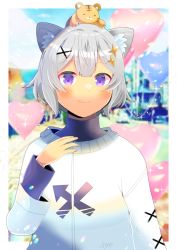 Rule 34 | 1girl, animal ear fluff, animal ears, balloon, black shirt, blurry, blurry background, blush, closed mouth, commentary request, commission, copyright request, depth of field, grey hair, hair ornament, hand up, heart balloon, jacket, kou hiyoyo, on head, purple eyes, shirt, short hair, skeb commission, smile, solo, stuffed animal, stuffed tiger, stuffed toy, turtleneck, upper body, white jacket, x hair ornament