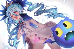 Rule 34 | 1girl, bat wings, blackxxx, blue hair, bombergirl, cape, dress, drill hair, female pervert, hair between eyes, lewisia aquablue, lifted by self, long hair, looking at viewer, navel, pervert, pointy ears, pubic tattoo, sleeveless, solo, tattoo, tongue, tongue out, twintails, wings, yellow eyes