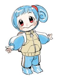 1girl :&gt; backpack bag blue_footwear blue_hair blue_shorts blue_sleeves brown_bag child creatures_(company) dancho_no_mori full_body game_freak gen_1_pokemon hands_up jacket long_sleeves looking_at_viewer nintendo outstretched_arms personification pokemon red_eyes short_hair shorts side_ponytail simple_background solo spread_arms squirtle standing white_background zipper