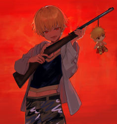 Rule 34 | 1boy, backlighting, bad id, bad pixiv id, blonde hair, child gilgamesh (fate), fate/grand order, fate (series), gilgamesh (fate), grey jacket, gun, holding, holding gun, holding weapon, itefu, jacket, male focus, midriff, navel, open clothes, open jacket, open mouth, red eyes, rifle, solo, stuffed toy, teeth, weapon