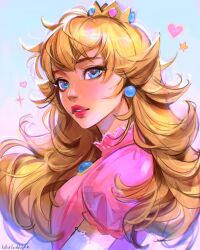 Rule 34 | 1girl, artist name, blonde hair, blue eyes, crown, dress, earrings, elbow gloves, expressionless, female focus, from side, gloves, heart, highres, jewelry, lips, lipstick, long hair, looking ahead, looking at viewer, lotus bubble, makeup, mario (series), nintendo, parted lips, pink dress, princess peach, puffy short sleeves, puffy sleeves, red lips, short sleeves, solo, sparkle, sphere earrings, star (symbol), super mario bros. 1, upper body, white background, white gloves