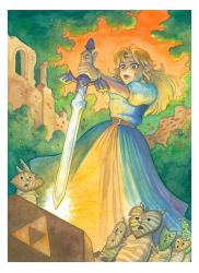 Rule 34 | 1girl, belt, blonde hair, blue dress, blue eyes, creature, dress, earrings, elf, forest, glowing, highres, jewelry, long hair, master sword, nature, nintendo, open mouth, pointy ears, princess zelda, surprised, sweat, sword, the legend of zelda, the legend of zelda: a link to the past, the legend of zelda: ocarina of time, tiara, triforce, weapon