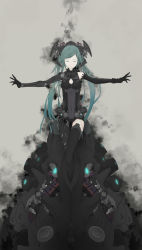 Rule 34 | 1girl, absurdres, bad id, bad pixiv id, elbow gloves, gloves, hatsune miku, highres, crossed legs, long hair, mille nyan, mire, outstretched arms, sitting, solo, spread arms, thighhighs, twintails, very long hair, vocaloid