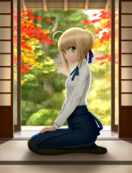 Rule 34 | 1girl, :/, ahoge, artoria pendragon (all), artoria pendragon (fate), black pantyhose, blonde hair, blouse, fate/stay night, fate (series), from side, full body, green eyes, highres, indoors, leaf, long sleeves, looking at viewer, maple leaf, neck ribbon, on floor, pantyhose, ribbon, saber (fate), seiza, shirt, short hair, siraha, sitting, skirt, sliding doors, solo, tree, wing collar