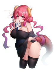 Rule 34 | 1girl, absurdres, between breasts, black shirt, black thighhighs, blouse, breasts, cropped legs, cum, cum on body, curled horns, dildo, dragon girl, dragon horns, dragon tail, fellatio, hand up, highres, holding, holding sex toy, horns, huge dildo, iku! iku!!, ilulu (maidragon), kobayashi-san chi no maidragon, large breasts, licking, licking dildo, long hair, looking at viewer, low twintails, nail polish, no bra, no panties, off-shoulder shirt, off shoulder, oral, pink eyes, pink hair, pointy ears, pussy, red nails, see-through, sex toy, shirt, simple background, simulated fellatio, solo, tail, thighhighs, twintails, white background, yellow horns