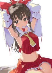 Rule 34 | 1girl, armpits, arms up, bare shoulders, black hair, bow, commentary request, crop top, crop top overhang, detached sleeves, grey eyes, hair bow, hakurei reimu, highres, long hair, long sleeves, looking at viewer, midriff, mouth hold, navel, puuakachan, red bow, red shirt, red skirt, shirt, simple background, sitting, skirt, skirt set, solo, stomach, touhou, white background