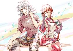 Rule 34 | 1boy, 1girl, armor, closed eyes, gloves, jin (xenoblade), listening to music, long hair, lora (xenoblade), nintendo, parted lips, pauldrons, red hair, short hair, shoulder armor, simple background, skirt, smile, thighhighs, white hair, xenoblade chronicles (series), xenoblade chronicles 2, xenoblade chronicles 2: torna - the golden country, zin
