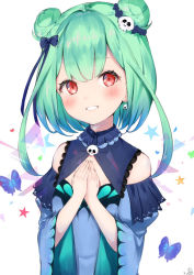 Rule 34 | 1girl, auui, bare shoulders, blue bow, blue dress, blue sleeves, blush, bow, bug, butterfly, commentary request, detached sleeves, double bun, dress, earrings, green hair, hair bow, hair bun, hair ornament, hands up, highres, hololive, insect, jewelry, juliet sleeves, long sleeves, own hands together, puffy sleeves, red eyes, signature, simple background, skull earrings, skull hair ornament, sleeveless, sleeveless dress, solo, uruha rushia, uruha rushia (1st costume), virtual youtuber, white background, wide sleeves