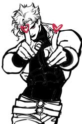 Rule 34 | 1boy, dio brando, hands up, heart, huang lia, index fingers raised, jojo no kimyou na bouken, koi dance, leotard, lipstick, long hair, looking at viewer, makeup, male focus, monochrome, muscular, muscular male, pants, red eyes, simple background, smile, solo, standing, stardust crusaders, wristband