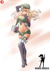 Rule 34 | 1girl, absurdres, arm behind head, artist name, blonde hair, boots, breasts, cleavage, curvy, front-tie top, gloves, green eyes, hat, highres, large breasts, long hair, midriff, military, military hat, navel, original, smile, solo, thighhighs, thighs, thong