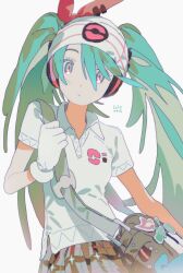 Rule 34 | 1girl, aqua hair, bag, beanie, blue eyes, collared shirt, creatures (company), dated, game freak, gloves, hair between eyes, hair ribbon, hand up, hat, hatsune miku, headphones, highres, holding strap, long hair, looking at viewer, nintendo, piano print, pokemon, polo shirt, project voltage, psychic miku (project voltage), red ribbon, ribbon, ritoon 0, shirt, short sleeves, shoulder bag, simple background, solo, twintails, very long hair, vocaloid, white background, white gloves, white headwear, white shirt