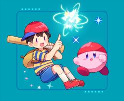 Rule 34 | 0mzum1, 1boy, :d, backpack, bag, baseball bat, baseball cap, black hair, blue background, blue eyes, blue shirt, blue shorts, blush, blush stickers, brown bag, commentary request, hair between eyes, hands up, hat, holding, holding baseball bat, index finger raised, kirby, kirby (series), mother (game), mother 2, ness (mother 2), nintendo, open mouth, purple eyes, red footwear, red headwear, shirt, shoes, short hair, short sleeves, shorts, sideways hat, simple background, smile, socks, sparkle, striped clothes, striped shirt, super smash bros., t-shirt, two-tone shirt, white socks, yellow shirt