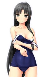 Rule 34 | 10s, 1girl, black eyes, black hair, breasts, clothes pull, kantai collection, ki (kk-sk-ray), long hair, looking at viewer, nipples, one-piece swimsuit, one-piece swimsuit pull, one breast out, school swimsuit, shouhou (kancolle), solo, swimsuit, undressing