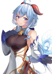 Rule 34 | 1girl, absurdres, ahoge, backlighting, bare shoulders, bell, black gloves, blue hair, bodysuit, breasts, brown bodysuit, closed mouth, commentary request, detached sleeves, dress, ganyu (genshin impact), genshin impact, gloves, hair between eyes, hand up, highres, horns, long hair, long sleeves, low ponytail, medium breasts, moyoron, orb, ponytail, purple eyes, qilin (mythology), simple background, sleeves past wrists, smile, solo, very long hair, vision (genshin impact), white background, white dress, white sleeves