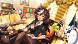 Rule 34 | &gt; o, 1girl, american flag, animal ears, black suit, brown hair, carrot, chair, chaps, character doll, cup, cupcake, desk, eyelashes, food, formal, gloves, green necktie, gun, hair ornament, hairclip, handgun, highres, holding, holding cup, holding saucer, horse, horse ears, horse girl, indie virtual youtuber, keyboard (computer), kompeitou (lemon garden), microphone, monitor, mouse (computer), multicolored hair, necktie, one eye closed, open mouth, orange necktie, oval office, picture frame, pinstripe pattern, pinstripe suit, revolver, rifle, saucer, second-party source, short hair, sitting, sleeves rolled up, solo, sparkle, star (symbol), star print, streaked hair, stuffed animal, stuffed carrot, stuffed horse, stuffed toy, suit, teacup, teeth, tomoe umari, two-tone necktie, upper teeth only, virtual youtuber, weapon, white gloves, white hair, window, yellow curtain, yellow eyes