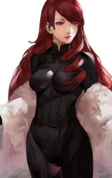 Rule 34 | 1girl, asymmetrical hair, black bodysuit, blazpu, bodysuit, breasts, closed mouth, coat, commentary, cowboy shot, drill hair, english commentary, expressionless, fur coat, highres, kirijou mitsuru, lips, lipstick, long hair, makeup, medium breasts, parted bangs, persona, persona 3, red eyes, red hair, red lips, side drill, simple background, skin tight, solo, white background