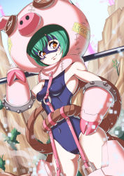 Rule 34 | 1girl, absurdres, animal costume, armored boots, bare shoulders, blue one-piece swimsuit, blue sky, boots, breasts, cho-hakkaimon, closed mouth, commentary, covered navel, cowboy shot, digimon, digimon (creature), digital dissolve, fang, fang out, garter straps, gauntlets, gloves, green hair, groin, hair between eyes, hand on own hip, hand up, highres, hill, holding, kotatsu (nukunuku), looking at viewer, mask, o-ring, one-piece swimsuit, orange eyes, over shoulder, pig costume, rope, school swimsuit, short hair, sidelocks, sky, small breasts, smile, solo, standing, swimsuit, weapon, weapon over shoulder