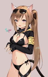 Rule 34 | 1girl, absurdres, alternate hairstyle, animal ears, armband, artist name, bad id, bad pixiv id, beige background, bikini, black bikini, black ribbon, blush, breasts, brown hair, cat ears, cat tail, cleavage, commentary, cowboy shot, eyewear on head, fang, girls&#039; frontline, groin, hair ribbon, highres, kemonomimi mode, large breasts, long hair, long sleeves, looking at viewer, navel, open mouth, pink eyes, ponytail, ribbon, scar, scar across eye, scar on face, shrug (clothing), side-tie bikini bottom, sidelocks, simple background, solo, stomach, sunglasses, swimsuit, tail, thighs, topu, ump9 (girls&#039; frontline), very long hair