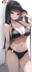 1girl absurdres adjusting_hair bikini black_bikini black_hair blue_archive breasts cleavage cowboy_shot halo highres holding holding_tablet_pc large_breasts long_hair navel parted_lips red_eyes rio_(blue_archive) saibashi_(develop_komono) solo stomach straight_hair swimsuit tablet_pc very_long_hair