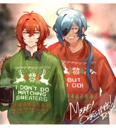 Rule 34 | 2boys, ^ ^, black shirt, blue hair, christmas, christmas sweater, closed eyes, clothes writing, collared shirt, commentary, cup, dark-skinned male, dark skin, diluc (genshin impact), earrings, english commentary, genshin impact, hair behind ear, hair between eyes, hand in pocket, highres, jewelry, kaeya (genshin impact), long hair, low ponytail, male focus, merry christmas, mug, multiple boys, one eye covered, parted lips, perdizzion, red hair, red sweater, shirt, smile, smirk, steam, sweater