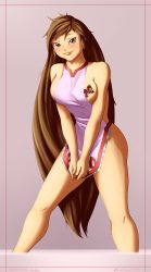 Rule 34 | 1girl, absurdres, alternate hairstyle, amadeous, apron, apron tug, arc system works, bare legs, bare shoulders, blush, breasts, brown eyes, brown hair, dated, guilty gear, hair down, highres, kuradoberi jam, large breasts, lips, long hair, naked apron, no panties, pixelated, sideboob, smile, solo, v arms, very long hair