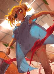 Rule 34 | 1girl, absurdres, alternate costume, bandaid, bandaid on face, blood, boku no hero academia, breasts, bucket, evil smile, eyepatch, highres, holding, holding weapon, hospital, hospital gown, khyle., knife, light, looking down, medium breasts, smile, toga himiko, weapon