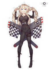 Rule 34 | 1girl, :d, ahoge, arms up, black bodysuit, blonde hair, blue eyes, blush, bodysuit, breasts, buckle, bunching hair, checkered flag, collarbone, covered navel, flag, full body, gujianshaonu, hair ornament, hairpin, highres, large breasts, legs apart, long hair, looking at viewer, mechanical wings, open mouth, original, shiny clothes, sidelocks, simple background, skin tight, skindentation, smile, solo, standing, sweat, twintails, white background, wings