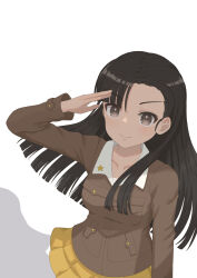 Rule 34 | 1girl, absurdres, asymmetrical bangs, black eyes, black hair, brown jacket, chi-hatan military uniform, closed mouth, commentary, girls und panzer, highres, jacket, long hair, long sleeves, looking at viewer, military uniform, miniskirt, nishi kinuyo, pleated skirt, qgkmn541, salute, shadow, simple background, skirt, smile, solo, standing, star (symbol), straight hair, uniform, white background, yellow skirt