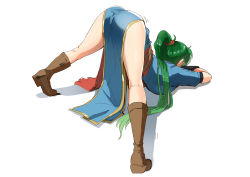 Rule 34 | 1girl, absurdres, ass, black gloves, boots, breasts, dress, earrings, fingerless gloves, fire emblem, fire emblem: the blazing blade, gloves, green hair, high ponytail, highres, jack-o&#039; challenge, jewelry, knee boots, large breasts, legs, long hair, lyn (fire emblem), meme, nintendo, ormille, ponytail, simple background, solo, spread legs, top-down bottom-up, twitter