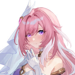 Rule 34 | 1girl, bare shoulders, blush, commentary request, elysia (honkai impact), gloves, hair ornament, honkai (series), honkai impact 3rd, keruitemonu, long hair, looking at viewer, multicolored hair, own hands together, pink hair, purple eyes, simple background, smile, solo, steepled fingers, upper body, very long hair, white background, white gloves, white hair