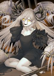 Rule 34 | 1girl, abyssal ship, black dress, commission, crazy eyes, crazy smile, dress, hand on own face, highres, horns, kantai collection, long hair, long sleeves, looking at viewer, mediterranean dreadnought water princess, mokuren (mozukukirai88), open mouth, pale skin, smile, solo, white hair, yellow eyes