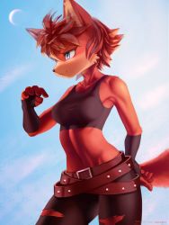 Rule 34 | 1girl, :3, ancesra, animal ears, animal nose, artist name, bare shoulders, belt, black gloves, black pants, black shirt, blue background, blue eyes, blue sky, body fur, breasts, closed mouth, collarbone, commission, cowboy shot, crop top, day, fang, female focus, fingerless gloves, fiona fox, fox ears, fox girl, fox tail, furry, furry female, gloves, hand on own hip, hand up, happy, highres, medium breasts, midriff, moon, multiple belts, navel, outdoors, pants, patreon username, red fur, red hair, shirt, short hair, sidelocks, sky, sleeveless, sleeveless shirt, smile, snout, solo, sonic (series), sonic the hedgehog (archie comics), standing, stomach, tail, torn clothes, torn pants, two-tone fur, v-shaped eyebrows, watermark, web address