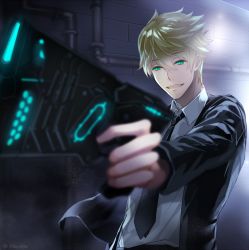 Rule 34 | 1boy, aiming, black jacket, black necktie, blurry, chixi, collared shirt, depth of field, dominator (gun), formal, glowing, glowing eyes, glowing weapon, green eyes, gun, holding, holding gun, holding weapon, industrial pipe, inukai sumiharu, jacket, long sleeves, male focus, necktie, open clothes, open jacket, outstretched arm, parody, psycho-pass, shirt, smile, solo, suit, upper body, wall, weapon, world trigger